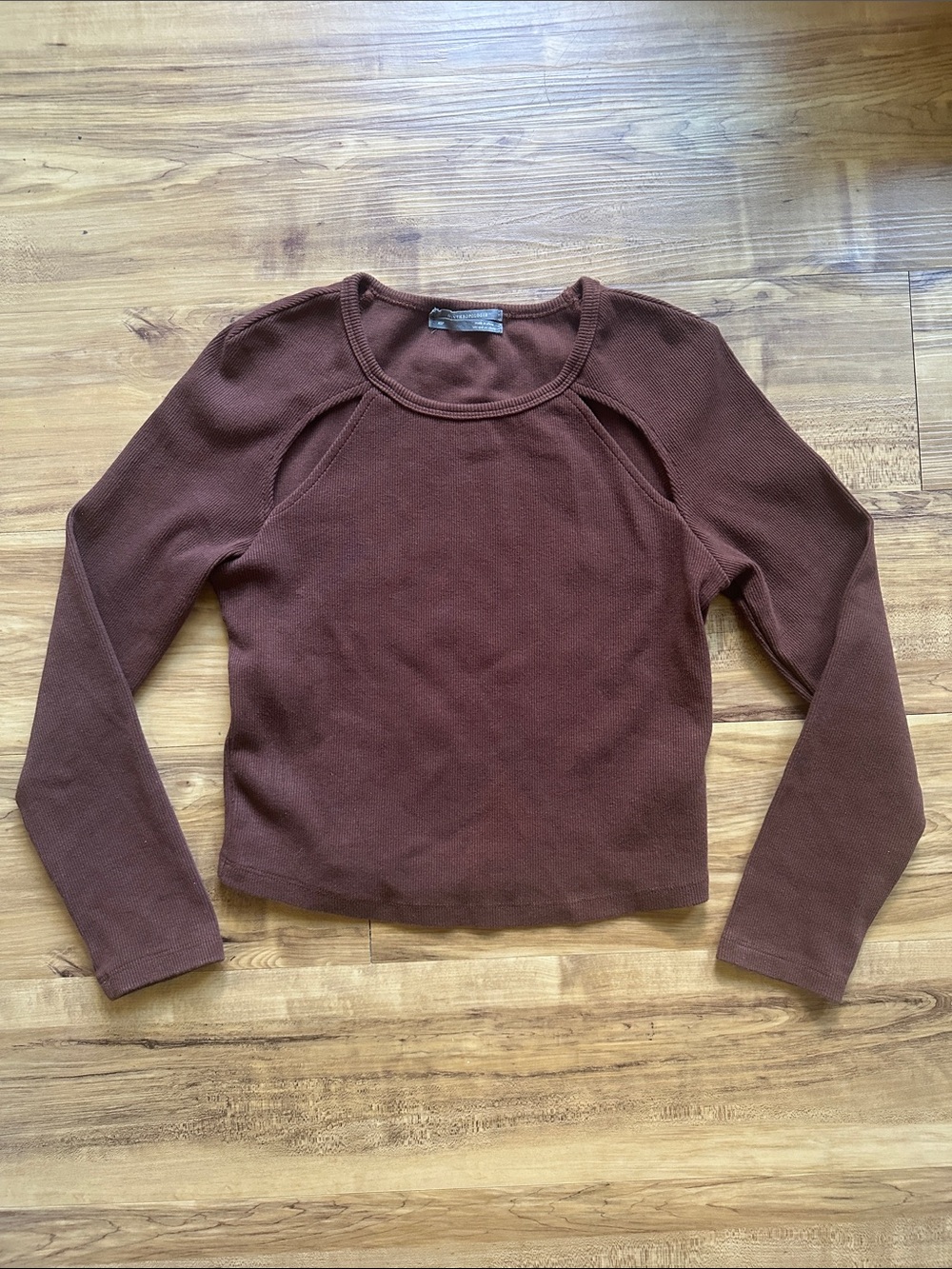 Anthropologie Long Sleeve Ribbed Crop Shirt Women’s XS Brown Cutouts Boho Fall